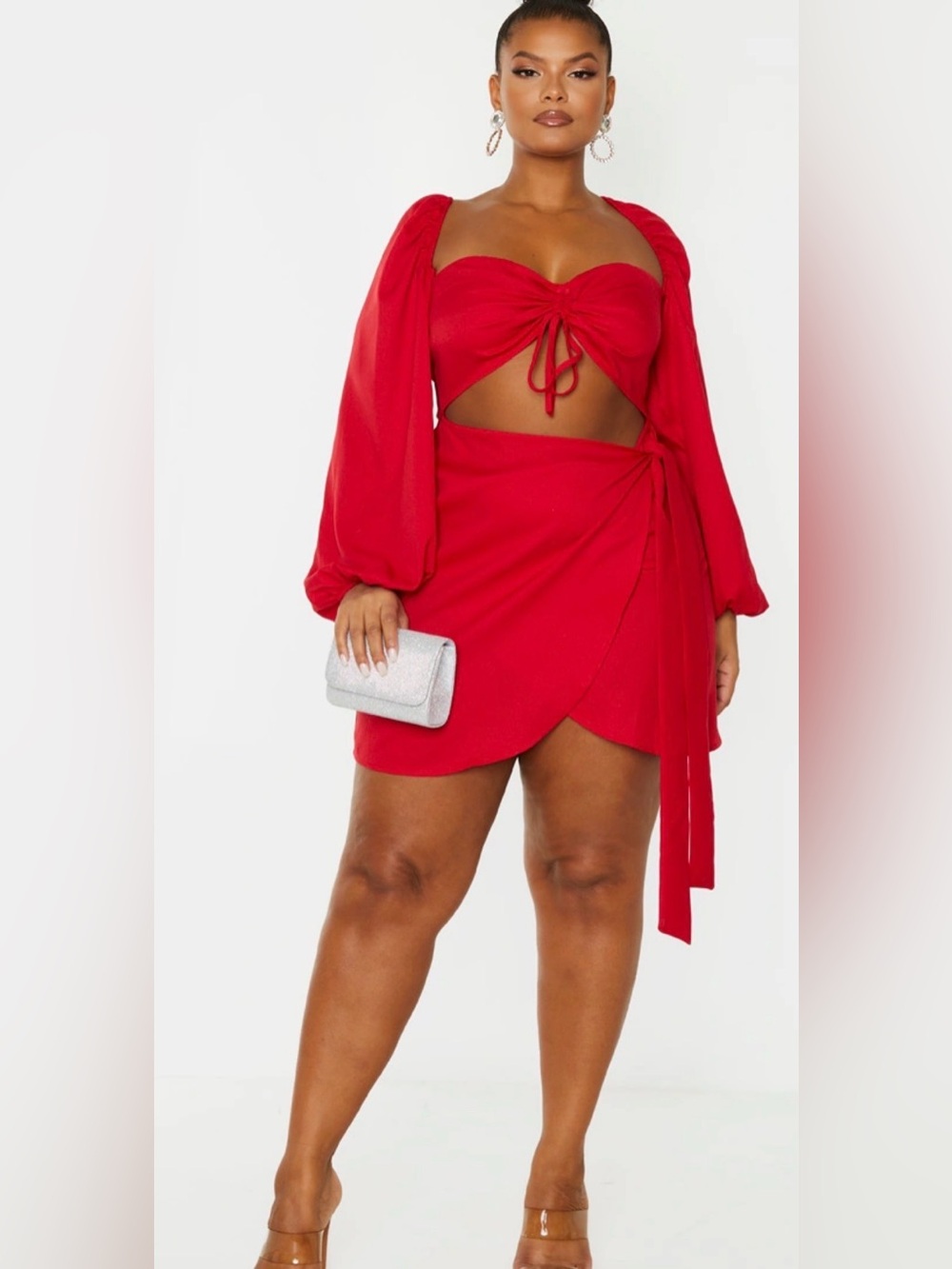 Plus Red Ruched Cut Out Bodycon Dress- Size 18 (22 UK size) Pretty Little Thing